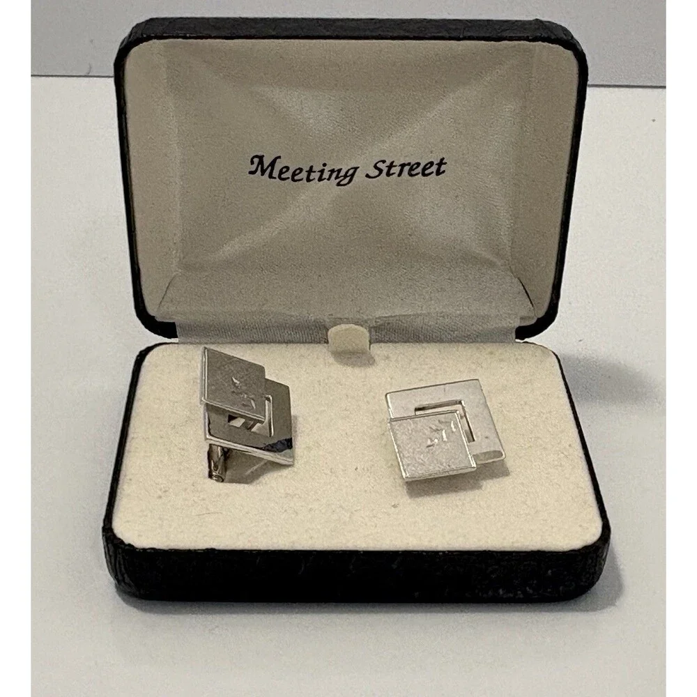 Meeting Street Cuff Link Set Vintage Engravable Silver Tone Original Case Box